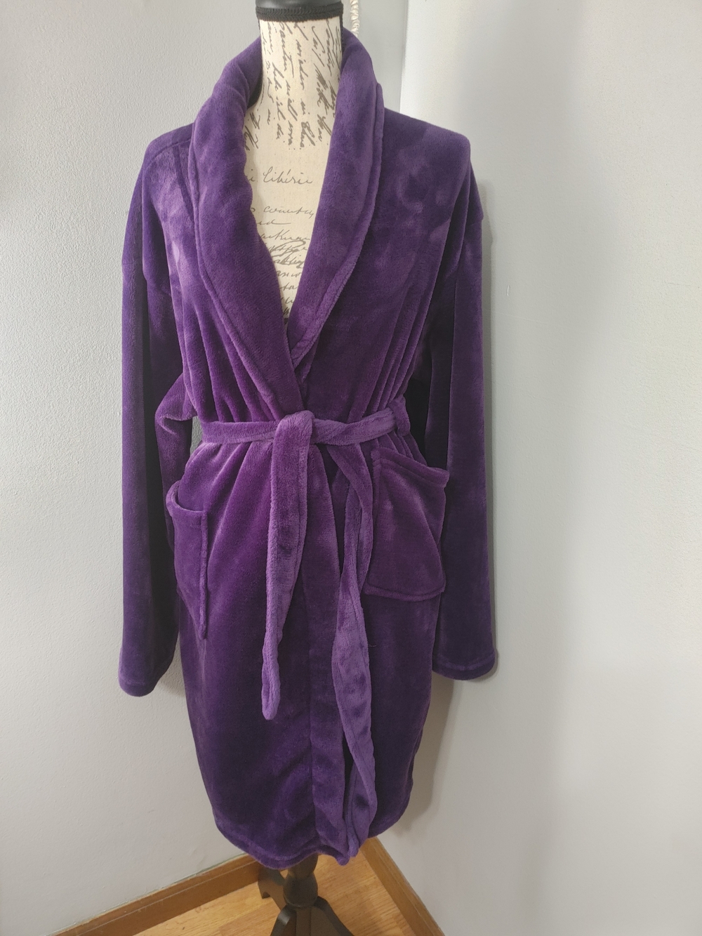 Hotel Collection Plush Shawl-Collar Purple Robe with Belt